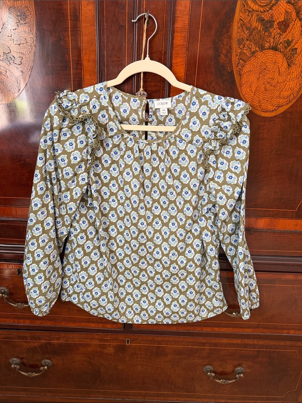 J. Crew Olive Floral Ruffle-Sleeve Blouse with Blue and White Motif